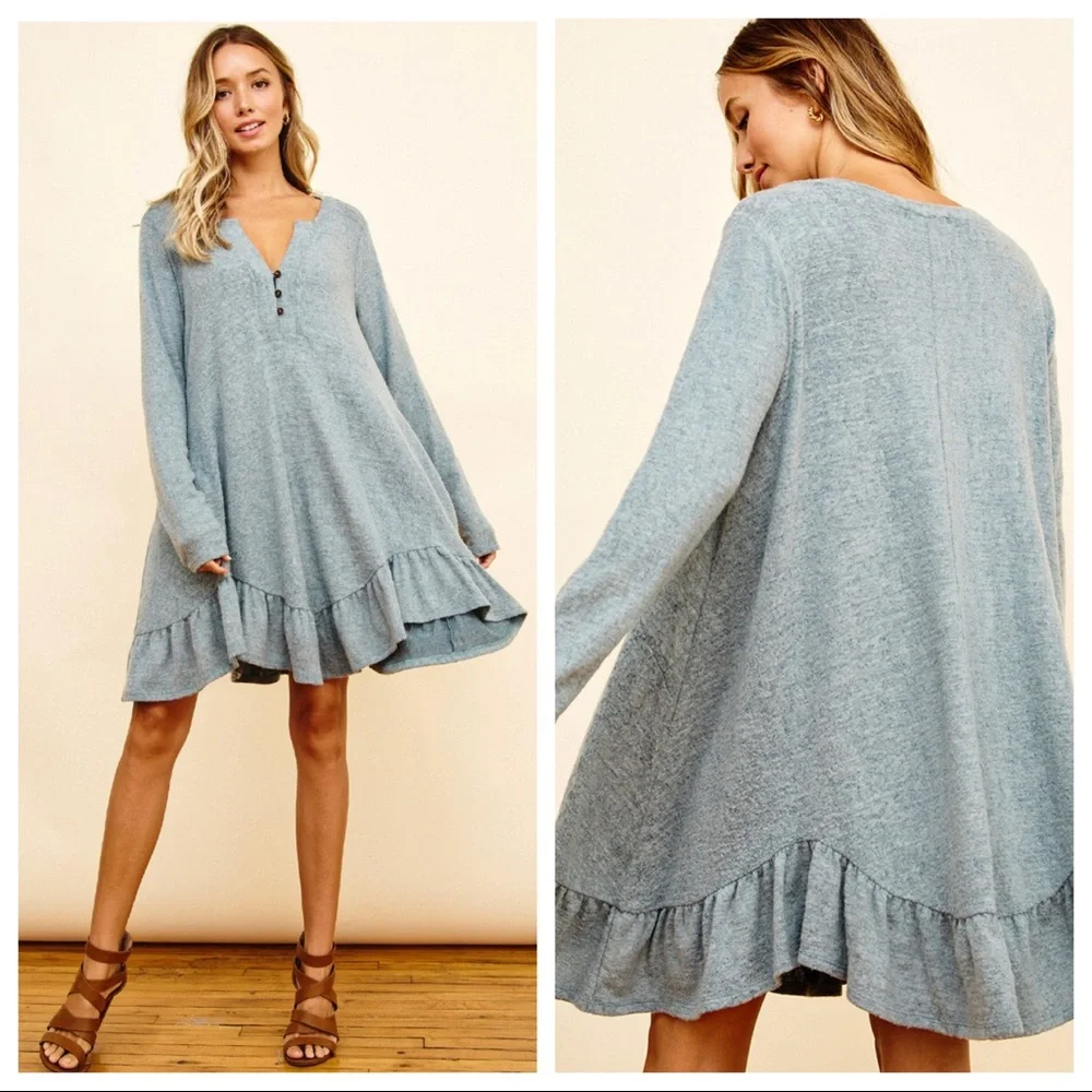 So Soft Cozy And Comfy Ruffle Hem Solid Tunic Dress - Picture 4 of 5